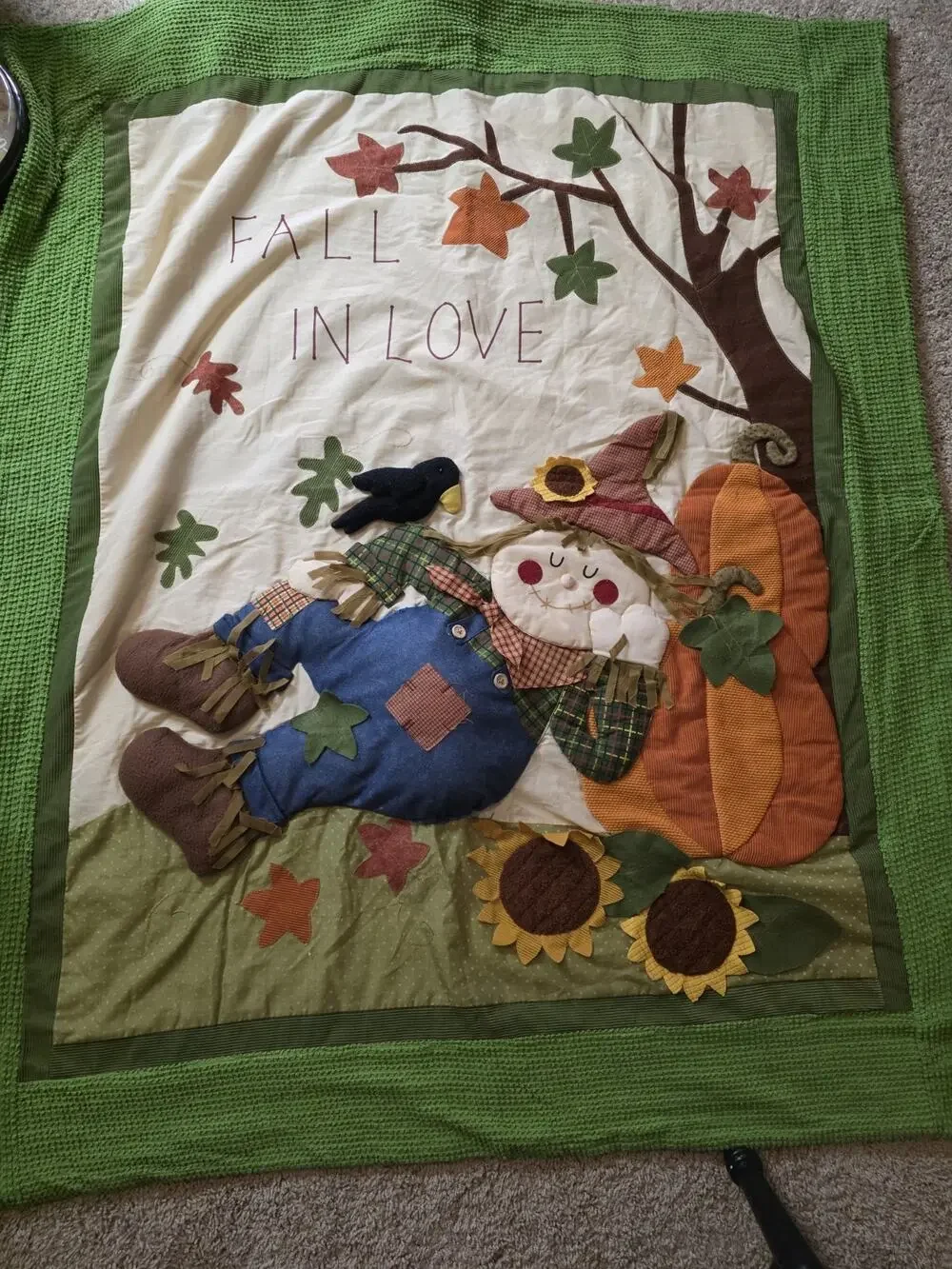 Handmade Fall In Love Quilt Blanket 50x60 Scarecrow Pumpkin Sunflower Autumn